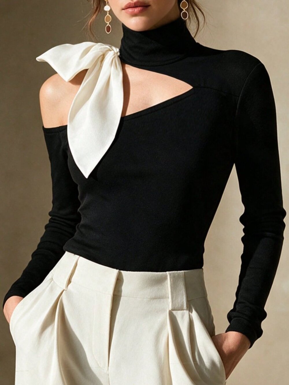 Black And White Casual Women's Cut-Out Off-Shoulder Top